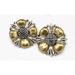 Vintage Dara Ettinger 1989 Signed Clip Earrings Mixed Metal Flower Gold Silver